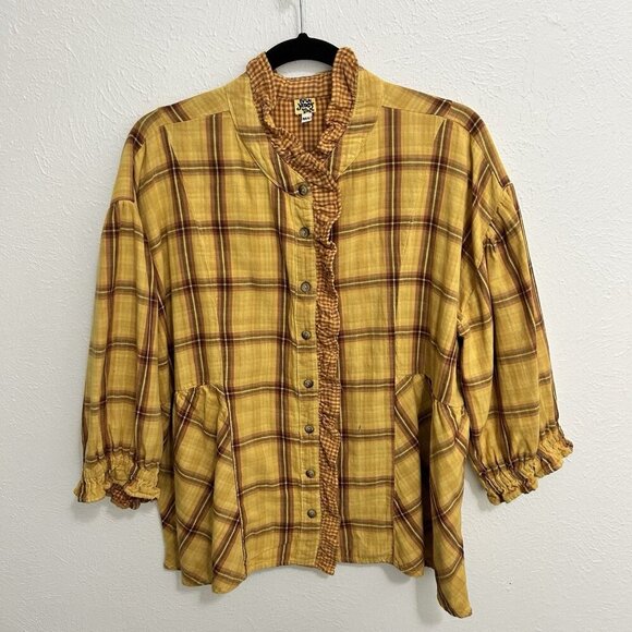 Ivy Yellow Double Gauze Plaid Shirt Shacket Ruffle Trim 3/4 Sleeve Size M/L Boho - Picture 1 of 12